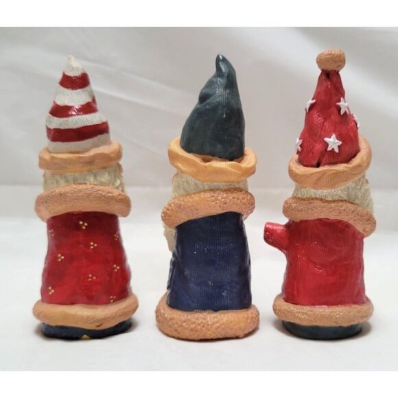 Vintage Lot of 3 Festive Santa Gnome 4 " Tall Resin Figurines With Beards Hats - Picture 3 of 6